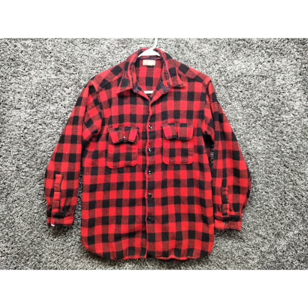 Vintage 1950s 1960s Brent Flannel Shirt Men 17 Medium Red Plaid Long‎ Sleeve